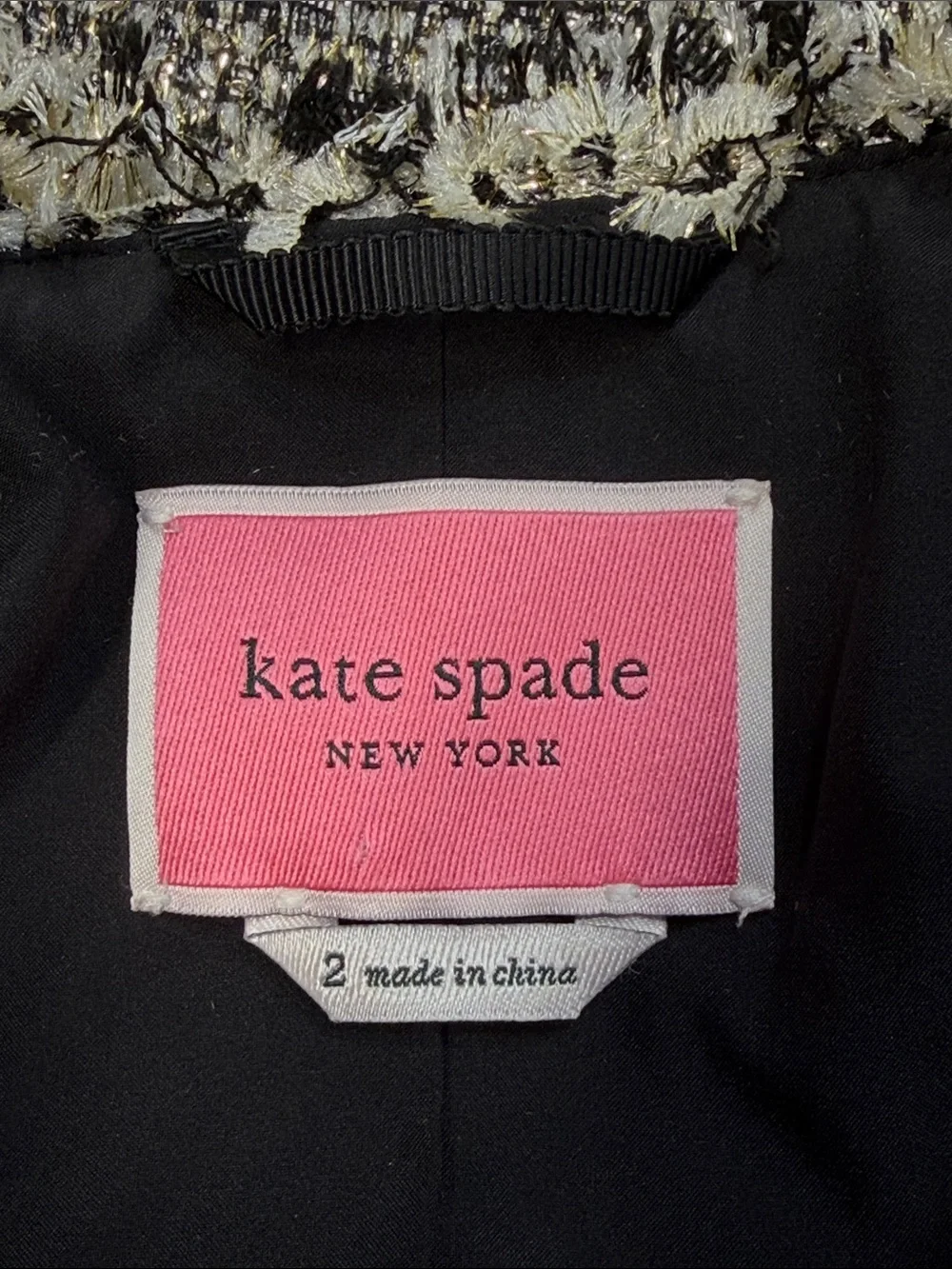 Kate Spade New York Metallic Sparkle Party Tweed Fringe Trim Open Front Jacket